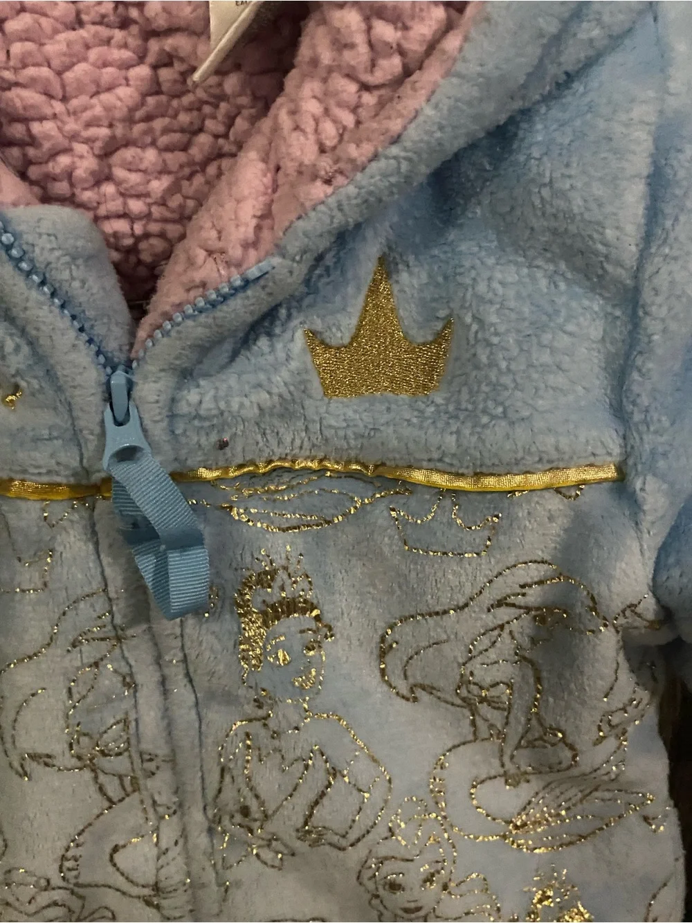 Disney Light Blue Plush Hooded Jacket with Pink Lining and Gold Accents